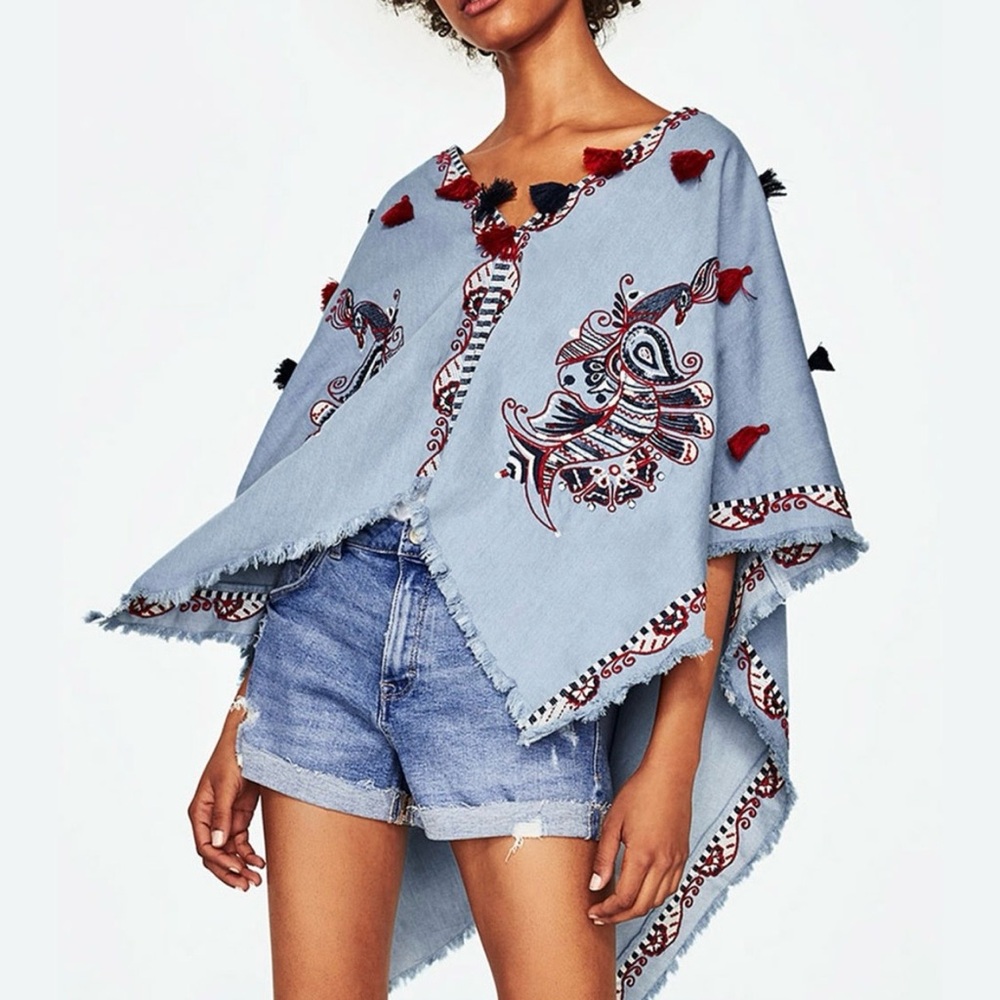 Haute Rouge Embroidered Chambray Poncho Tassels Sequins SZ S NWT
